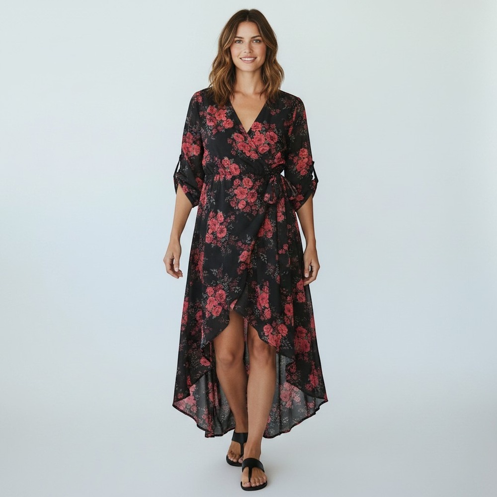 Torrid 1 (Size 14/16) Floral High-Low Wrap Dress Black Red Rose Rush Dress Party